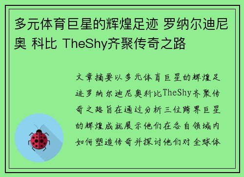 多元体育巨星的辉煌足迹 罗纳尔迪尼奥 科比 TheShy齐聚传奇之路