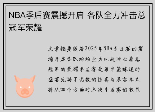 NBA季后赛震撼开启 各队全力冲击总冠军荣耀